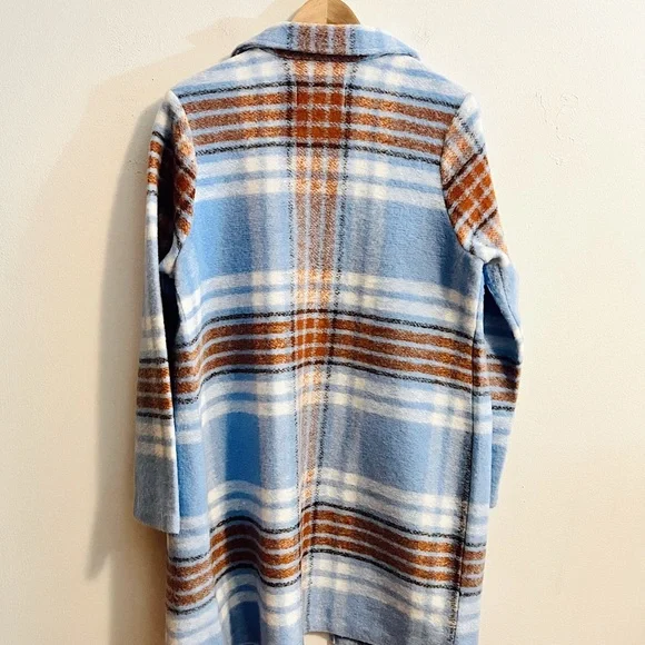 Rachel Zoe Light Blue Plaid Wool-Blend Trench Coat - Picture 6 of 9